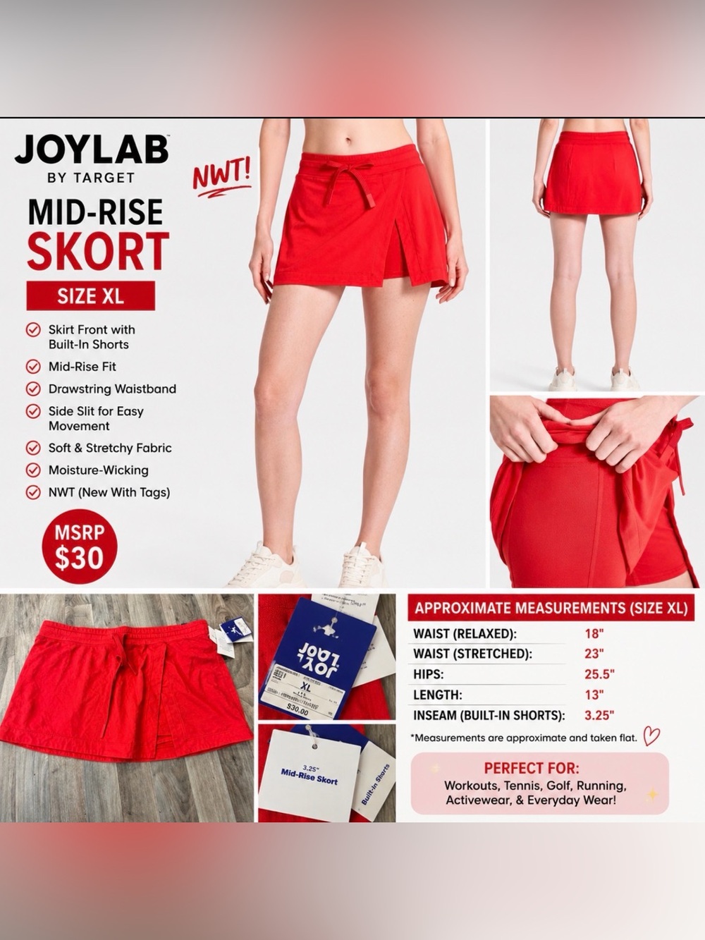 JoyLab Bright Red Mid-Rise Athletic Skort with Built-In Shorts